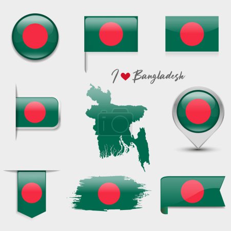 Téléchargez les illustrations : Drapeau du Bangladesh - collection plate. Drapeaux de différentes icônes plates en forme. Illustration vectorielle - en licence libre de droit