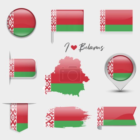 Téléchargez les illustrations : Drapeau Biélorussie - collection plate. Drapeaux de différentes icônes plates en forme. Illustration vectorielle - en licence libre de droit