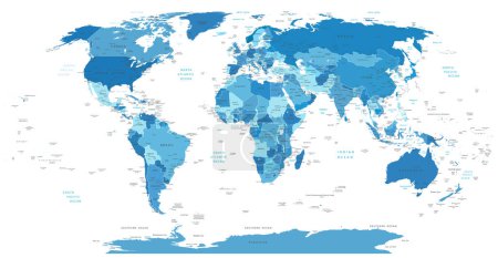 Mapa Mundial de Alto Detalle. Todos los elementos están separados en capas editables claramente etiquetadas. Vector azul