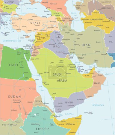 Illustration for Highly detailed political map of Middle East. Vector illustration - Royalty Free Image