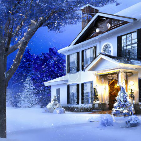 Foto de Casa moderna de lujo en el jardín de invierno con el árbol nevado en época de Navidad. Una vista de un jardín con una casa moderna cubierta de nieve en Navidad. Renderizado 3D - Imagen libre de derechos