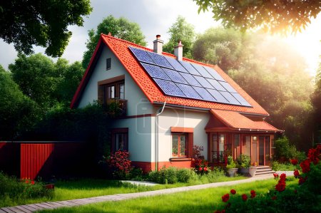 Modernes Einfamilienhaus mit weißer Fassade und Sonnenkollektoren auf dem roten Dach. Haus mit Solardach im Garten bei Sonnenuntergang. Ein Sonnenuntergangslicht hinter dem Haus mit Solarzellen auf dem Dach, 3D-Rendering.