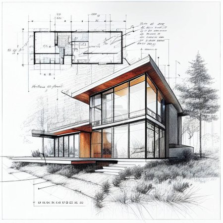 Architectural sketch of a new double storey modern house. Painting of a house sketch. Technical draw of modern two storey house. 3D illustration.