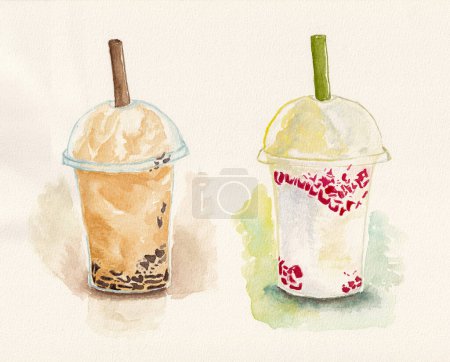 Photo for Ice coffee latte frapp with coffee jelly and Milk frapp with strawberry jelly in a plastic cup. Watercolor hand drawn illustration. - Royalty Free Image
