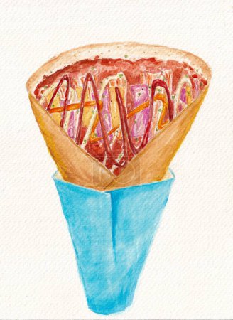 Photo for Crab stick and ham cheese pizza sauce crepe. Watercolor hand drawn illustration. - Royalty Free Image