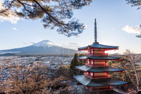 Foto de Gran ángulo de tiro del santuario de Arakura Fuji Segen con el monte Fuji en el fondo. - Imagen libre de derechos