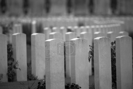 Foto de Yper, Bélgica - 7 de agosto de 2021. Detalle de los monumentos de guerra en el cementerio Tyne Cot. Tyne cuna es el cementerio británico más grande de la primera guerra mundial. - Imagen libre de derechos