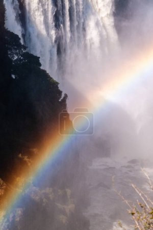 Photo for Telephoto shot of a rainbow being cast in front of the water thundering down victoria falls, in Zimbabwe. - Royalty Free Image