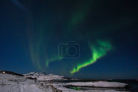 Photo for Bright Green Colours of the Northern Light, Aurora Borealis illuminate the Night Sky over the beach at Mjelle, in Arctic Norway. - Royalty Free Image