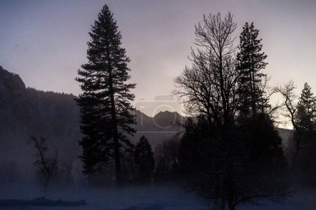 Foto de Valle de Yosemite está envuelto en una fina capa de niebla que cuelga sobre el río merced, proporcionando una atmósfera misteriosa alrededor de la puesta del sol. - Imagen libre de derechos