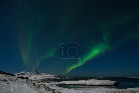 Téléchargez les photos : Bright Green Colours of the Northern Light, Aurora Borealis illuminate the Night Sky over the beach at Mjelle, in Arctic Norway. - en image libre de droit