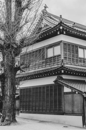 Photo for Miyajima, Japan, December 31, 2019. Black and white image of a buddhist temple in Miyajima. - Royalty Free Image