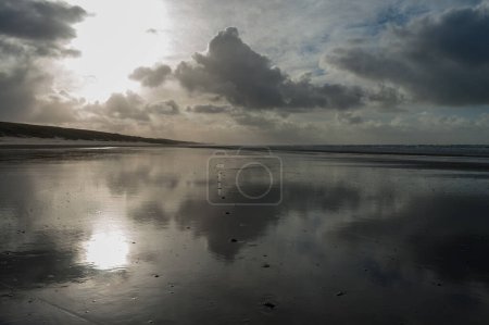 Téléchargez les photos : Nuages se reflétant dans un résidu d'eau sur la plage près d'Egmond aan Zeen en Hollande-Septentrionale, Pays-Bas. - en image libre de droit