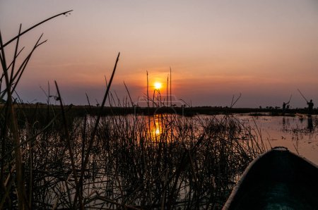 Foto de Delta del Okavango, Botsuana - 3 de agosto de 2022. Una perspectiva en primera persona de una puesta de sol en el delta del Okavango, como se observa desde un Mokoro. - Imagen libre de derechos