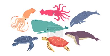 Ilustración de Conjunto de animales marinos y marinos tortugas, calamares y ballenas ilustración vector de dibujos animados, iconos, - Imagen libre de derechos