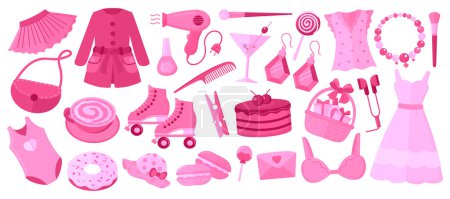 Illustration for Trendy pinkcore, barbiecore elements set, 2000s style. Pink colors clothes, accessories and sweets and drinks - Royalty Free Image