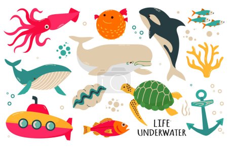 Illustration for Set of sea and ocean underwater animals and submarine. Sea turtle, beluga, blue whale, coral, sea fishes, squid and anchor cartoon vector illustration isolated on - Royalty Free Image