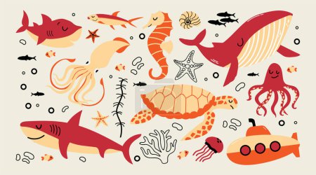 Set von Meeres- und Ozeantieren Schildkröten, Tintenfische, Fische, Wale, Tintenfische, U-Boot-Cartoon-Vektor-Illustration