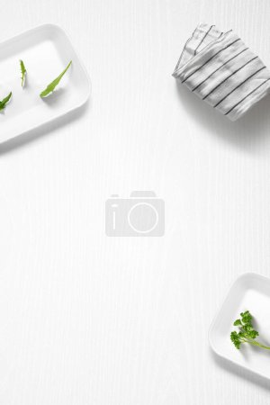 Photo for Flat lay of a kitchen with containers and herbs from above - Royalty Free Image