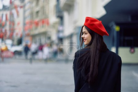 Photo for Woman smile walks walks in the city against the backdrop of office buildings, stylish fashionable vintage clothes and make-up, spring walk, travel. High quality photo - Royalty Free Image