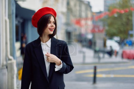 Photo for Fashion woman smile spring walking in the city in stylish clothes with red lips and red beret, travel, cinematic color, retro vintage style, urban fashion lifestyle. High quality photo - Royalty Free Image