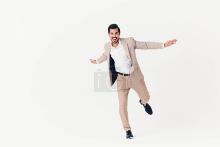 Photo for Man work jumping shirt idea standing businessman happy beige copyspace tie occupation cheerful business winner victory flying suit sexy running smiling - Royalty Free Image
