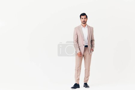 Photo for Man smile smiling office model business winner businessman happy confident running suit work idea portrait sexy success standing beige victory flying - Royalty Free Image