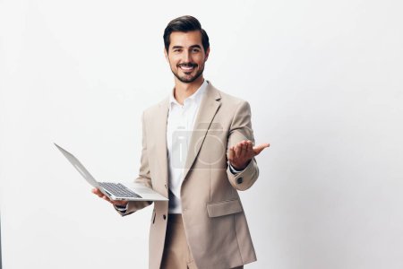 Photo for Guy man cheerful internet model isolated shirt network laptop freelancer job businessman smiling suit beige computer technology happy beard business copyspace - Royalty Free Image