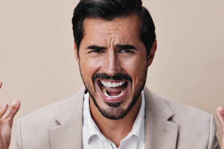 Photo for Man background young hand screaming adult hands boss business open mouth depressed businessman suit person manager sad work entrepreneur up angry guy crazy - Royalty Free Image