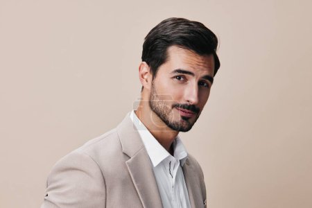 Photo for Man executive occupation portrait beige handsome job happy copyspace shirt businessman formal suit confident successful corporate business sexy beard male smiling - Royalty Free Image