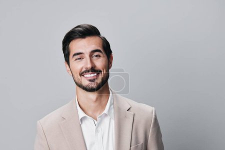 Photo for Man fashion successful happy business copyspace corporate portrait businessman model posing tie suit beige professional crossed success smiling stylish attractive handsome - Royalty Free Image