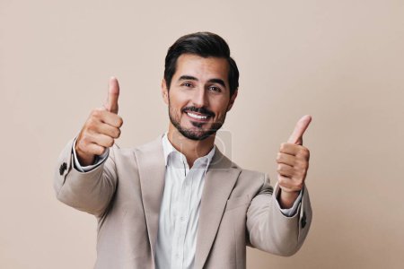 Photo for Man beige suit posing grey portrait business copyspace successful tie corporate smiling folded happy professional arm stylish sexy businessman handsome isolated - Royalty Free Image