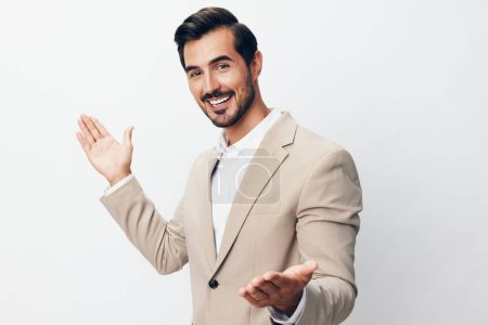 Photo for Attractive man success business idea smile suit arm formal hand tie beige adult winner studio up office victory cheerful businessman happy - Royalty Free Image