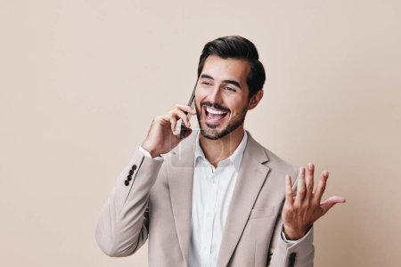 Photo for Man gray business phone app phone young smartphone hold mobile suit call holding mobile beard guy communication selfies cellphone portrait happy smile - Royalty Free Image