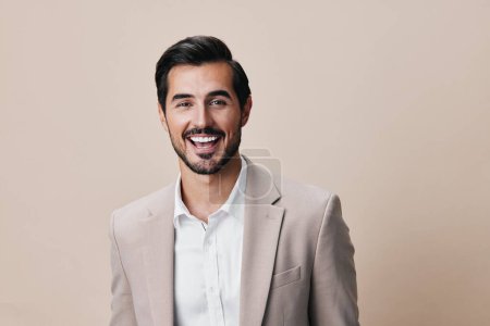 Photo for Portrait man person standing occupation folded beige entrepreneur executive handsome background businessman beard business eyeglass happy arm smiling white copyspace suit - Royalty Free Image