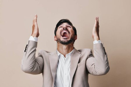 Photo for Background man guy expression angry crazy executive boss work screaming trouble successful yelling male begs business sad businessman style office suit - Royalty Free Image