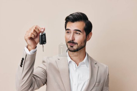 Photo for Background man holding person car key new business system service buy auto keyboard electronic hand locking loan automobile sale safety smile - Royalty Free Image