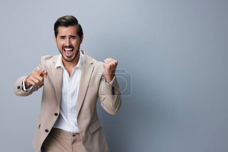 Photo for Trouble man angry screaming business space scream successful anger open boss businessman hands suit isolated yell depressed copy crazy mouth work person young up - Royalty Free Image