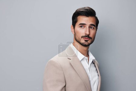 Photo for Man office standing smile business beige businessman stylish portrait job folded executive suit male smiling successful copyspace happy beard handsome confident - Royalty Free Image