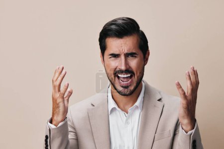 Photo for Trouble man crazy guy business screaming space work gesture boss successful person begs angry sad businessman yell background male copy employee suit - Royalty Free Image