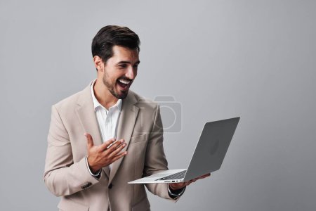 Photo for Portrait man entrepreneur suit freelancer wireless online computer copyspace laptop internet notebook person businessman job isolated business smiling handsome manager office - Royalty Free Image