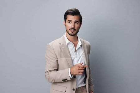 Photo for Shirt man portrait beard happy isolated suit businessman smiling corporate beige business handsome smile crossed confident young office copyspace fashion standing - Royalty Free Image