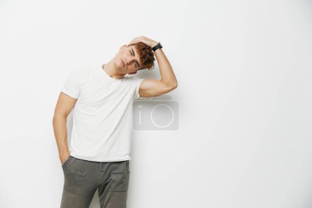 Photo for Man sexy torso guy wrist watch smile body bodybuilder abs copy space white background mock up model athletic bicep strong care male - Royalty Free Image