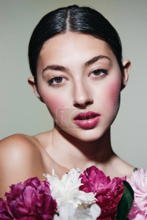 Photo for Woman portrait person treatment make-up glamour concept girl white face spa day fashion caucasian blush woman beauty pink art flower romantic model beauty - Royalty Free Image