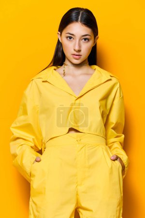 Téléchargez les photos : Femme personne jeune fille belle attrayant jaune dame mode belle tendance style tenue drôle caucasien glamour positif style de vie sourire heureux modèle - en image libre de droit