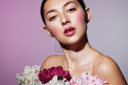 Photo for Lip woman pink healthy girl make-up cosmetology head face blush health summer portrait treatment beauty flower spa style beauty young eye model - Royalty Free Image