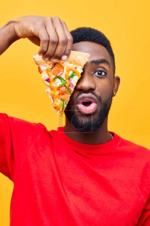 Photo for Man weight copy online masculine black funny food guy lifestyle space smile pizza hungry happy fast meal delivery habit cheerful bearded background food dieting - Royalty Free Image