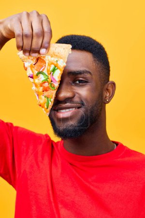 Photo for Man american studio concept fast pizzeria happy black food bearded background lifestyle hungry african masculine enjoy dieting delivery pizza smile isolated guy meal food - Royalty Free Image