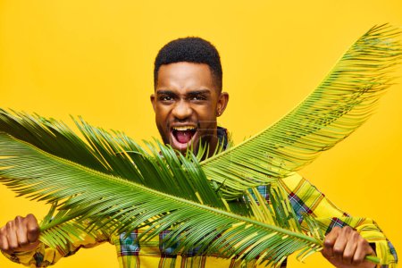 Téléchargez les photos : Homme mode arbre style américain élégant tropical jeune fond palme ethnicité noir amusant beau heureux émotion peau africaine joyeux joie adulte palmier jaune - en image libre de droit