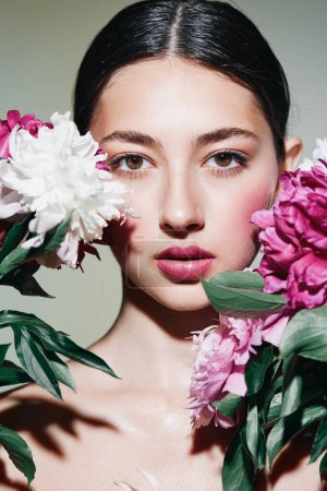 Photo for Portrait woman girl cosmetology glamour beauty head pink care spring make-up nature fashion flower model day floral blush face woman person concept - Royalty Free Image